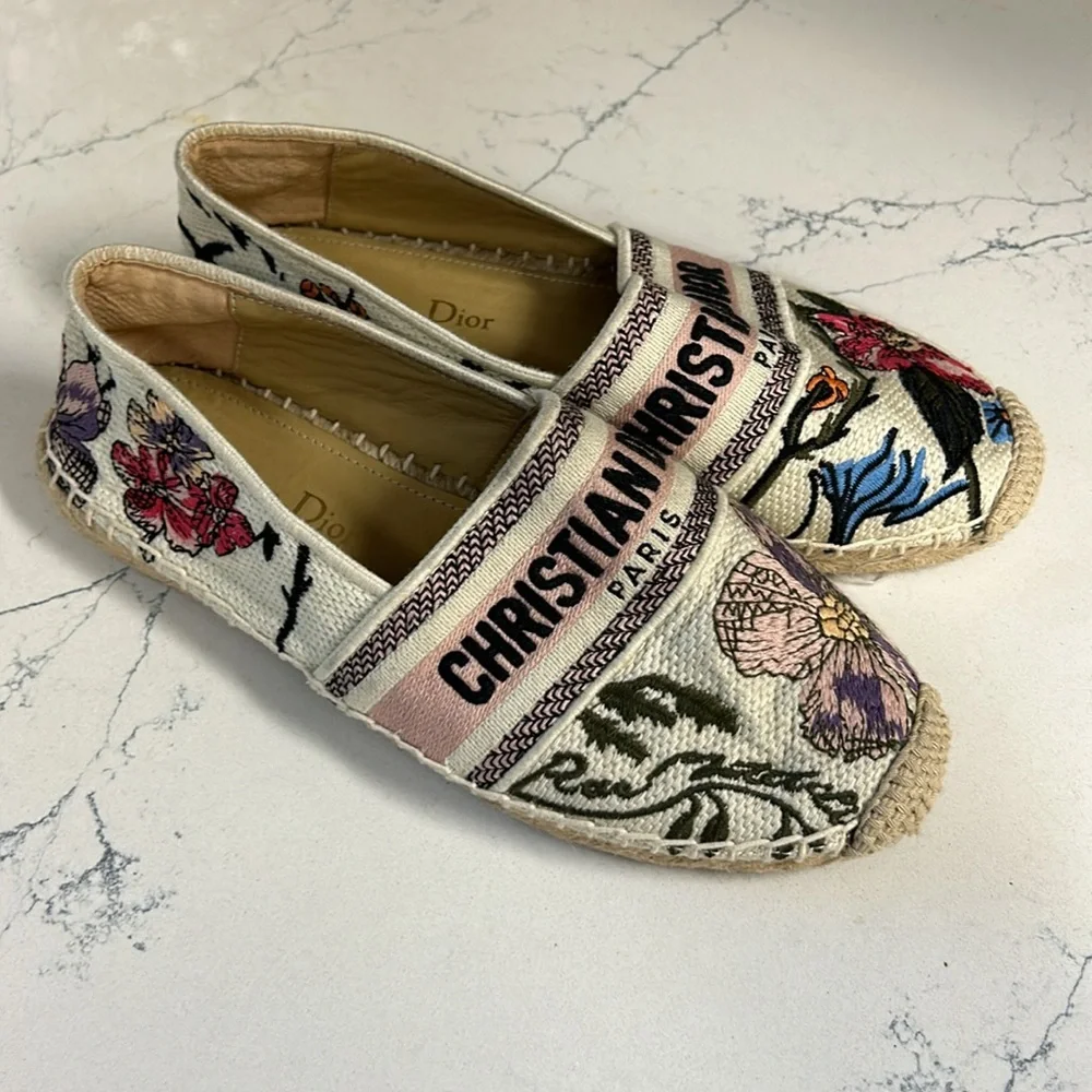 Dior Floral Embroidered Espadrilles in Cream, Pink, Red, Blue